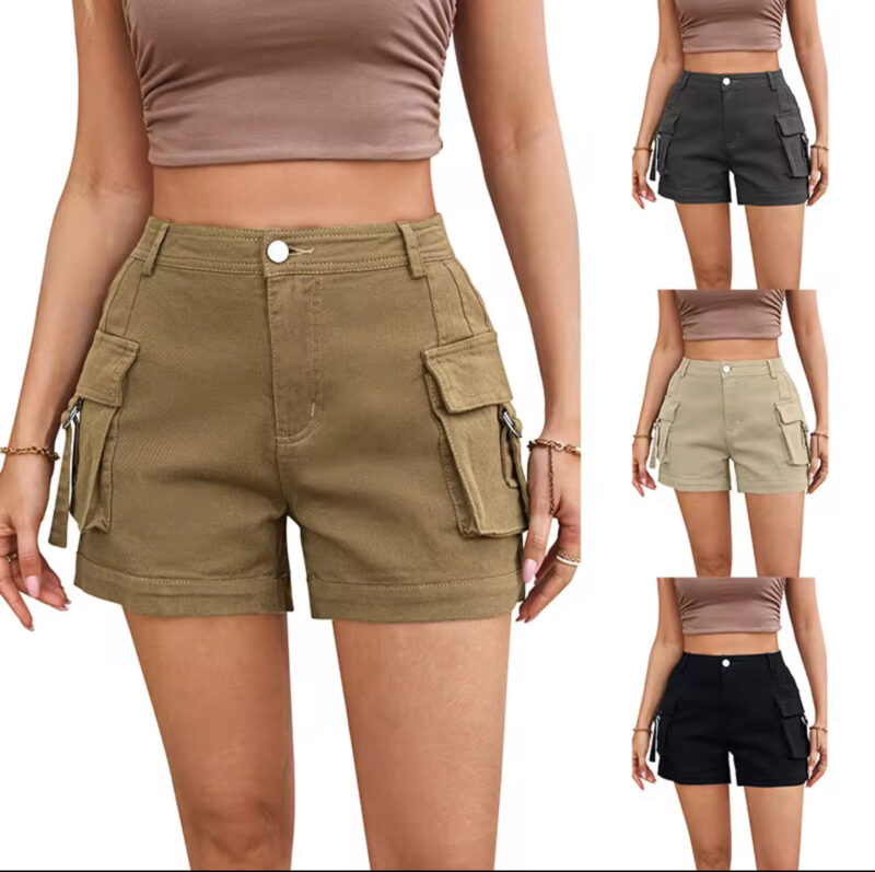 Women’s Pockets Cargo Shorts High Waist Street Wear Cargo Sweat Shorts Casual Short Pants For Ladies
