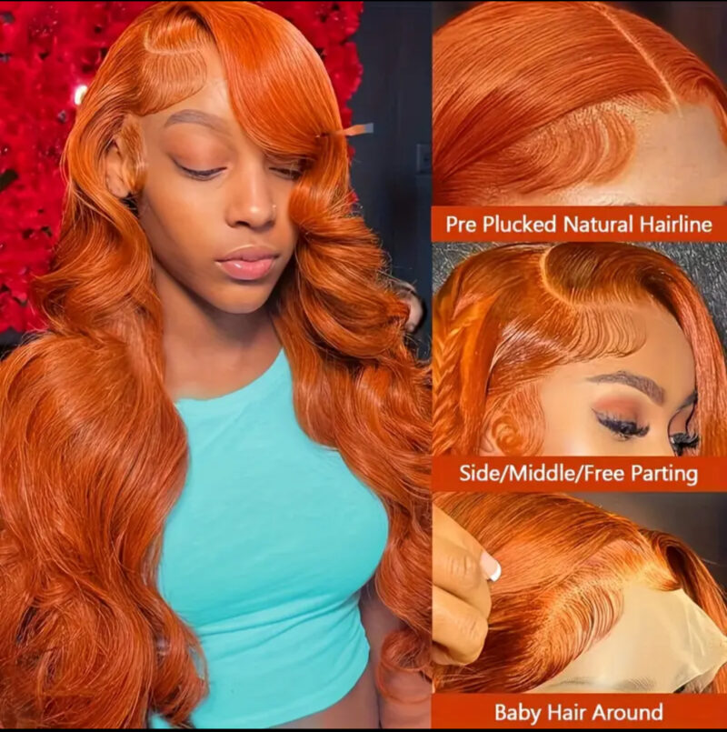 350 Ginger Orange Human Hair Wig 20-Inch Body Wave Pre Plucked With Baby Hair Lace Front Wigs 13x4 Ear To Ear Lace Body Wave Lace Wigs 180% Density Ginger Orange Free Part Lace Frontal Wigs For Women - Image 3