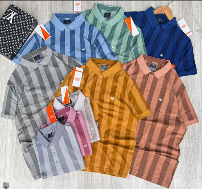 Men’s Summer Casual Anti-Wrinkle Polo T-Shirts Short Sleeved Striped Knitted T-Shirts - Image 2