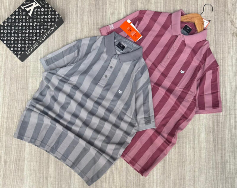Men’s Summer Casual Anti-Wrinkle Polo T-Shirts Short Sleeved Striped Knitted T-Shirts - Image 3