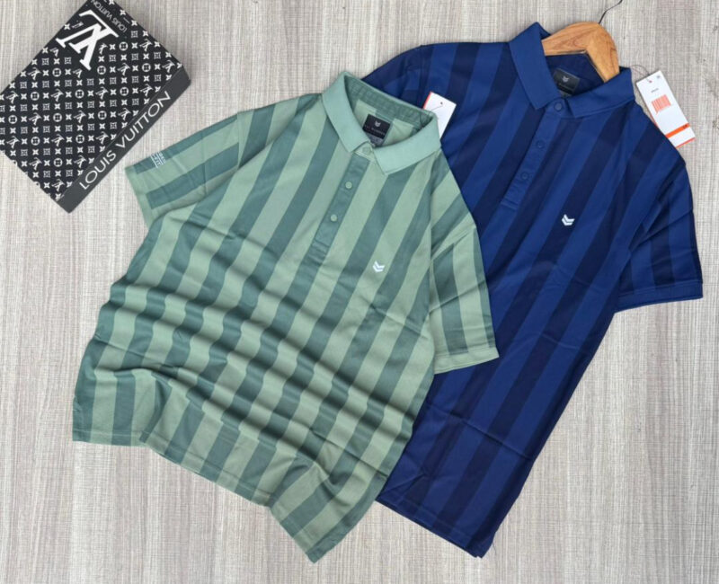 Men’s Summer Casual Anti-Wrinkle Polo T-Shirts Short Sleeved Striped Knitted T-Shirts - Image 4