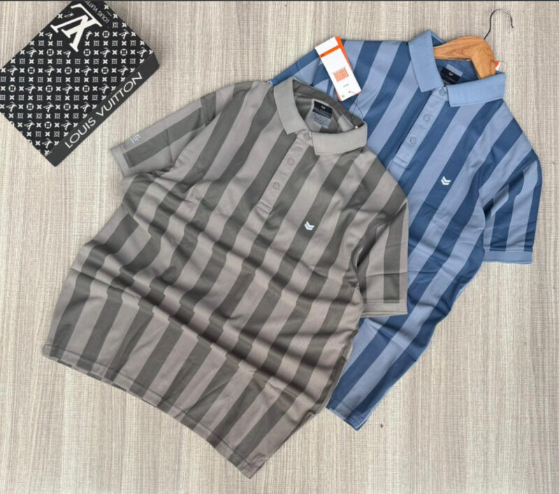Men’s Summer Casual Anti-Wrinkle Polo T-Shirts Short Sleeved Striped Knitted T-Shirts - Image 5