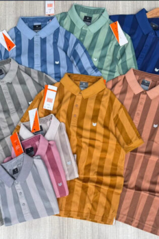 Men’s Summer Casual Anti-Wrinkle Polo T-Shirts Short Sleeved Striped Knitted T-Shirts