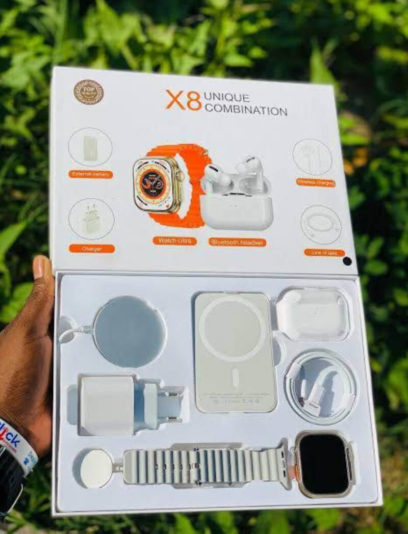 X8 Unique Combination 8-1n-1 Smart Watch Bundle: 20W Charger, PD Cable, AirPods Pro 2, Wireless Charging, External Battery, Power Bank, Watch Band - Image 2