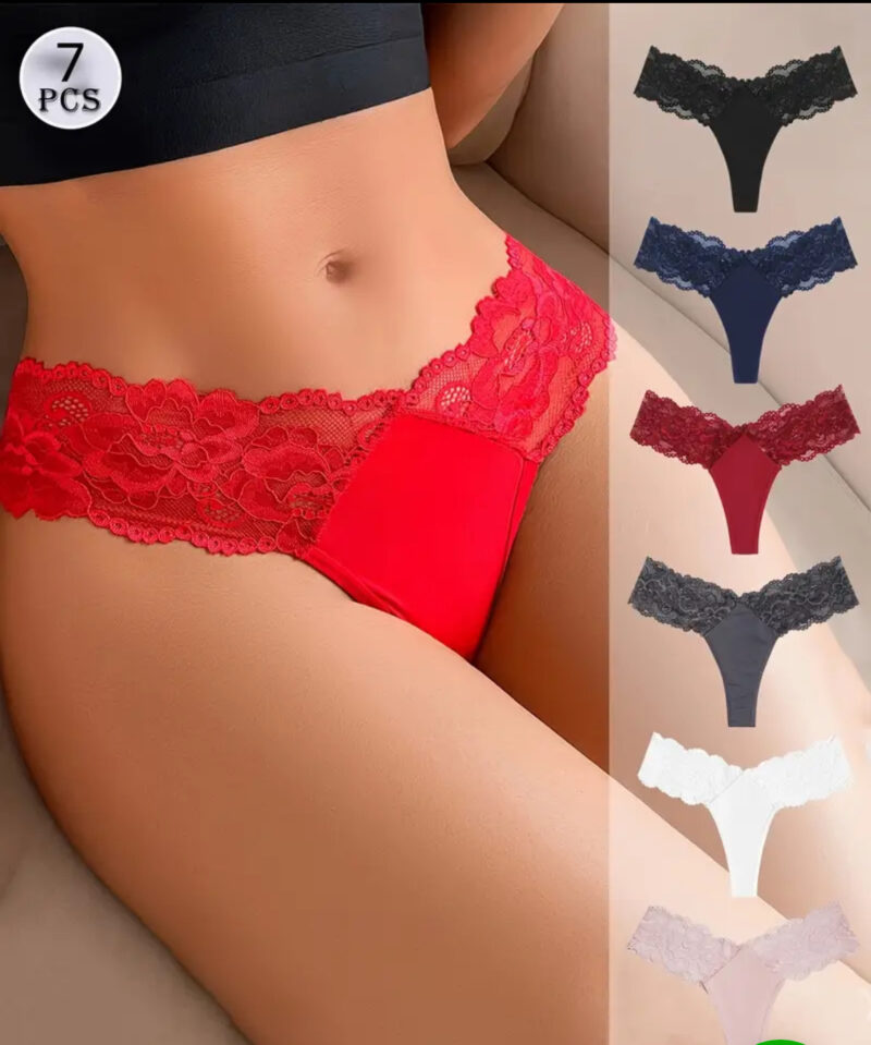 7pcs Women'S Seamless G-String Panties - Sexy Low-Rise Hollow-Out Lace Underwear, Solid Color, Comfortable & Stylish for Casual Attire, Sexy Panties, Comfortable Lingerie, Feminine Touch Underwear, Durable Lingerie