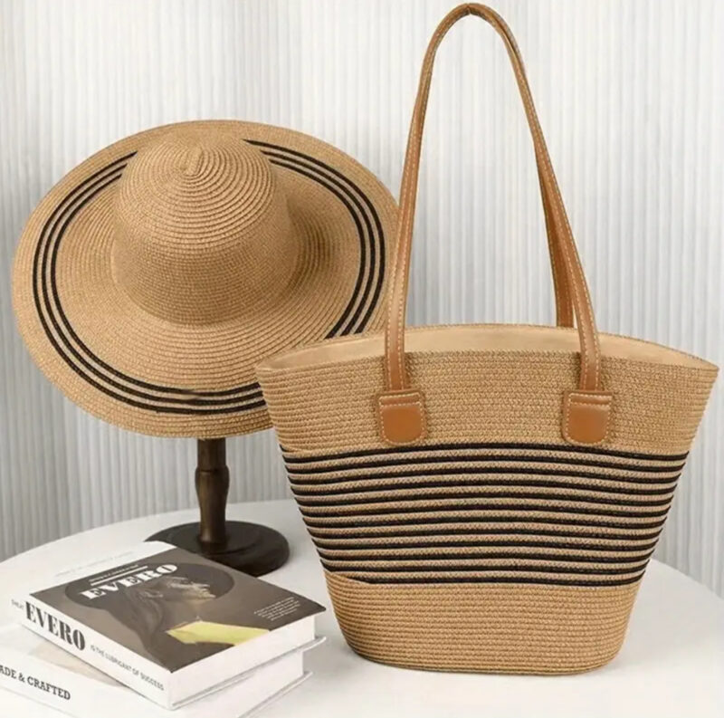 Women Straw Hat with Tote Summer Striped Beach Hat Sun Protection Wide Brim Visor Caps for Outdoor Seaside - Image 3