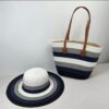 Women Straw Hat with Tote Summer Striped Beach Hat Sun Protection Wide Brim Visor Caps for Outdoor Seaside