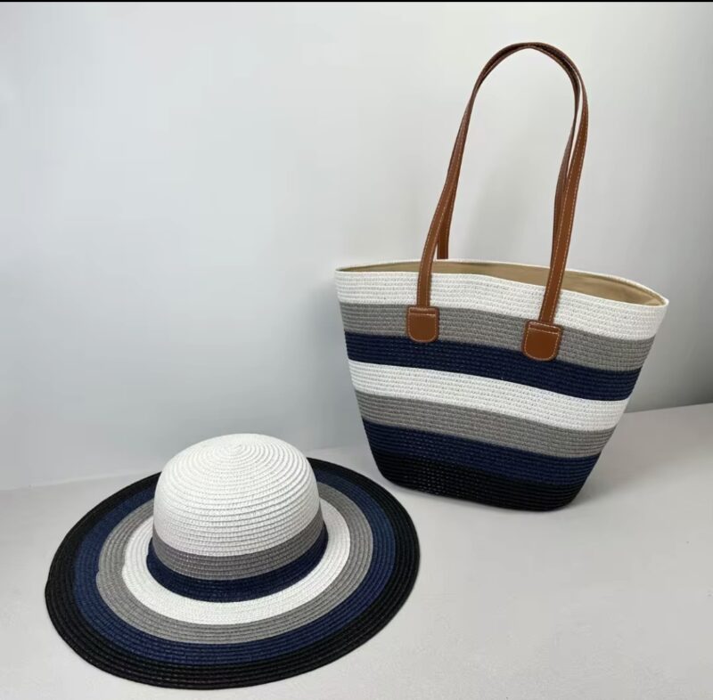 Women Straw Hat with Tote Summer Striped Beach Hat Sun Protection Wide Brim Visor Caps for Outdoor Seaside