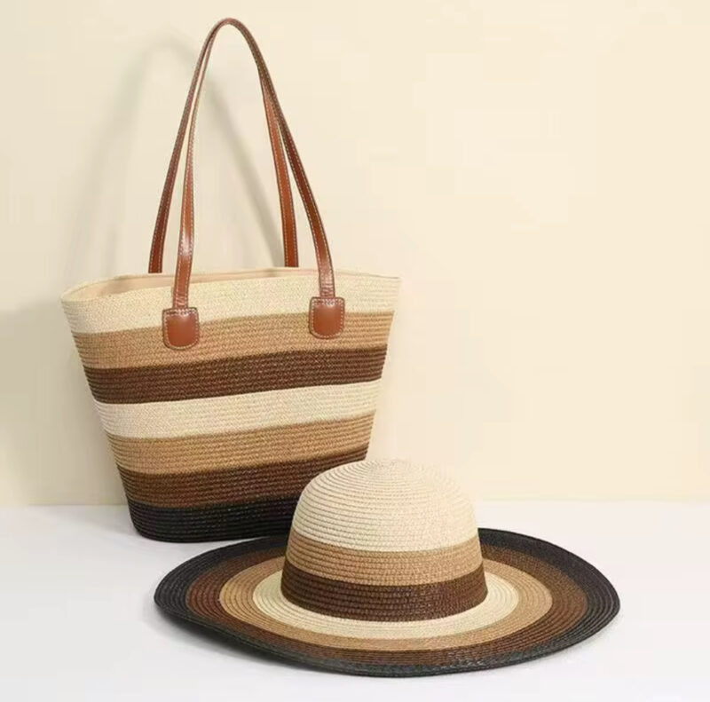 Women Straw Hat with Tote Summer Striped Beach Hat Sun Protection Wide Brim Visor Caps for Outdoor Seaside - Image 5